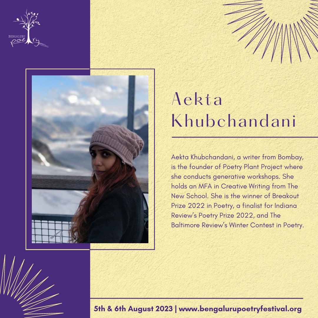 BengaluruPoetry's tweet photo. Meet @k_aekta, a talented writer from Bombay! Founder of Poetry Plant Project, she conducts workshops. Winner of Breakout Prize 2022, finalist for Indiana Review’s Poetry Prize 2022. Catch her at Bengaluru Poetry Festival on 5th &amp; 6th August 2023, @GrandMercureGM https://t.co/rNXpBa5q9R