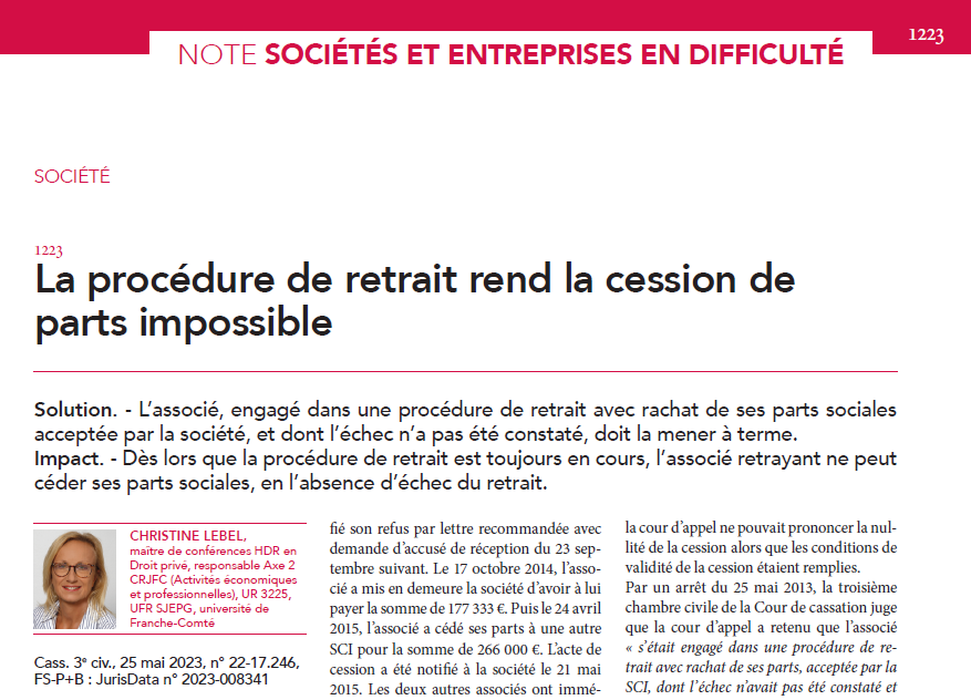 #Société - La procédure de retrait rend la cession de parts impossible, note <a href="/ch_lebel/">ChLebel</a> in #JCPE n° 29