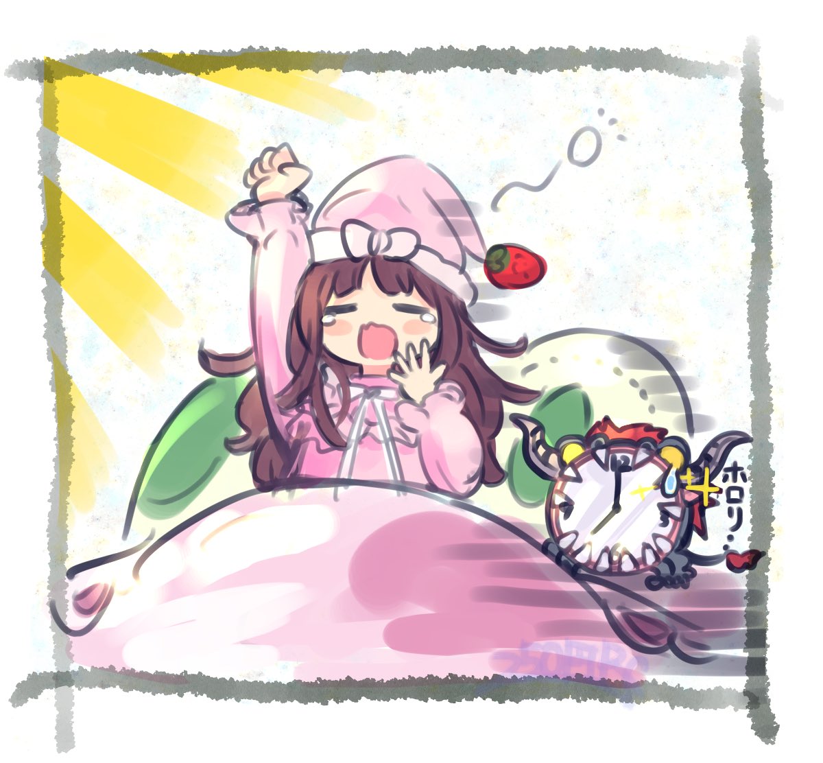 1girl nightcap yawning open mouth hat clock pajamas  illustration images