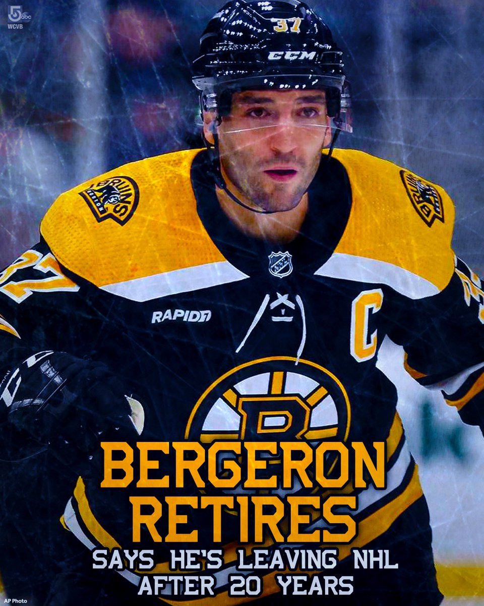 WCVB's tweet photo. Thank you for everything! 🏒 Boston Bruins captain Patrice Bergeron has announced he's retiring https://t.co/DGjLBqN90L