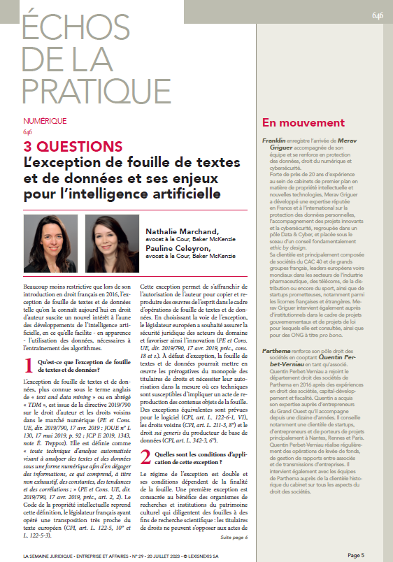 #Données - L’exception de fouille de textes et de données et ses enjeux pour l’intelligence artificielle, #3Questions Nathalie Marchand et Pauline Celeyron in #JCPE n° 29