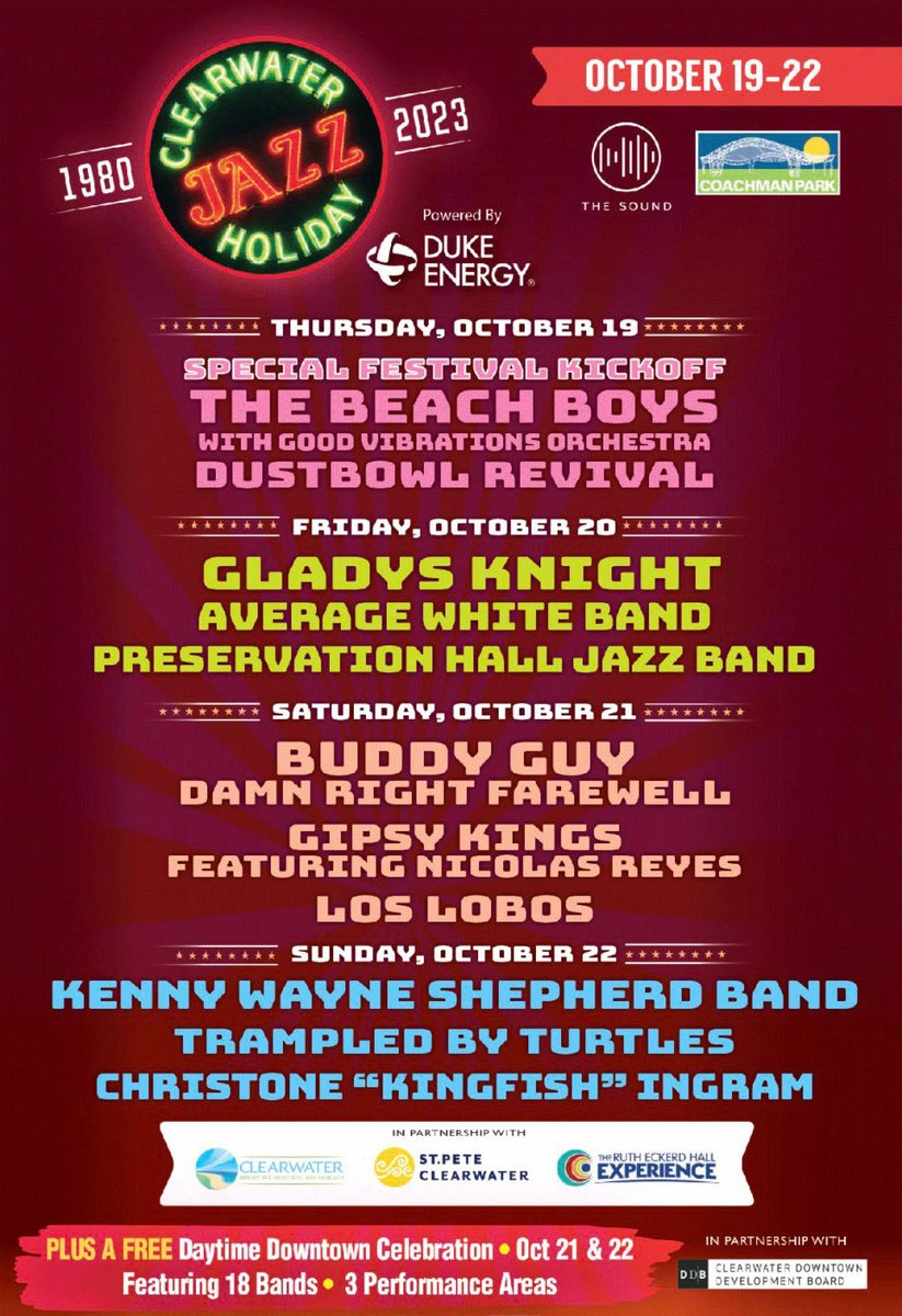 On-Sale Now 🎷 Don't miss the 44th Clearwater Jazz Holiday at The Sound at Coachman Park October 19-22! Get your tickets here: rutheckerdhall.com/events/detail/…