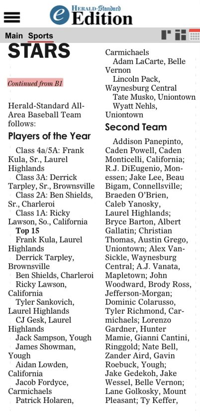 Huge thank you to <a href="/hsuniontown/">Herald-Standard</a> for naming me as Big School Player of the Year. Congratulations to all the players named to the All-Area Team.