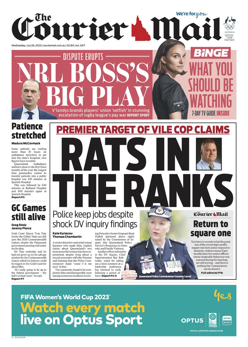 couriermail's tweet photo. In Wednesday's #CourierMail cop back on the job despite lewd remarks about Premier, Commissioner PLUS #NRL pay row explodes https://t.co/kosGVTwDU2