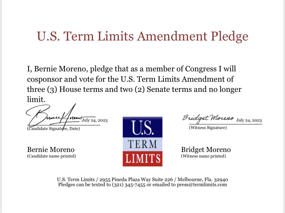 berniemoreno's tweet photo. I am proud to be the only US Senate candidate in Ohio, from either party, that isn't going to D.C. for a career.

I'm also the only candidate willing to sign @USTermLimits pledge.

My opponents want a job – I want to be a voice for Ohio. It's that simple. https://t.co/7hkRHVmnVd