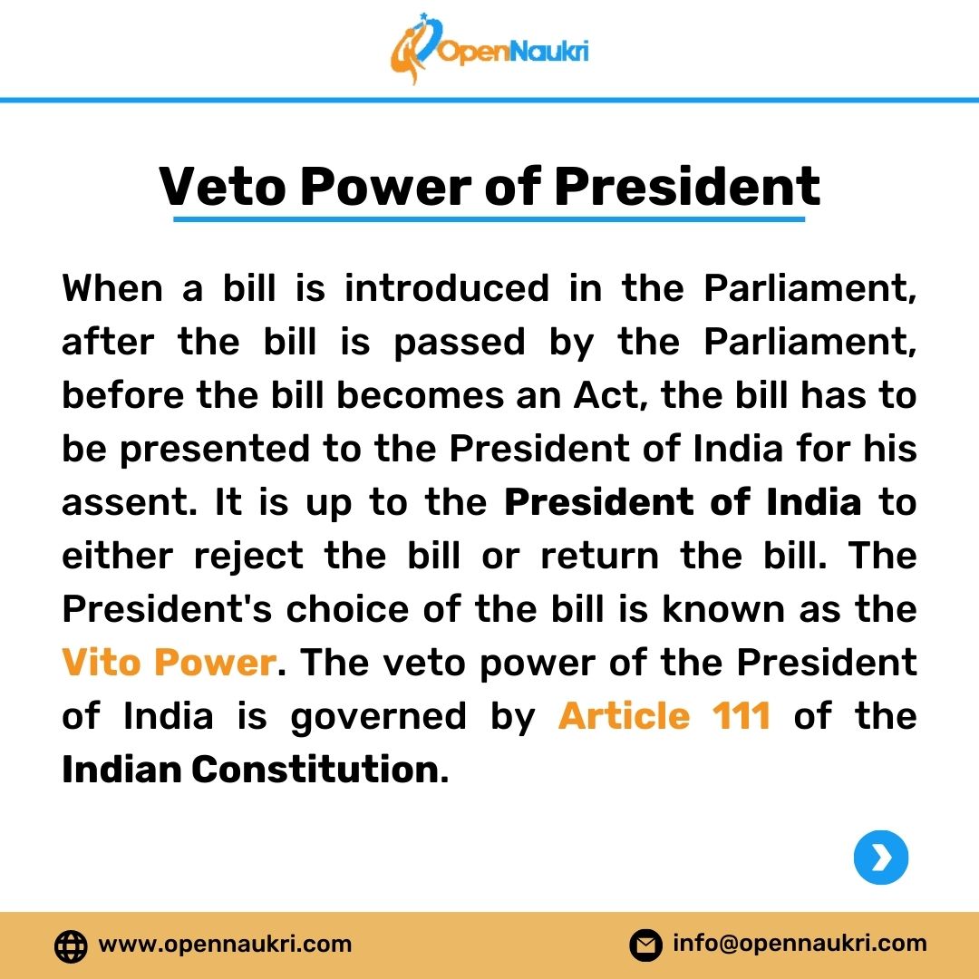 opennaukri's tweet photo. The #President of #India has three different types of #veto #power:
#absoluteveto
#suspensionveto
#Pocketveto
To learn more please visit here: https://t.co/DPRyO4ED47
#OpenNaukri https://t.co/i1XZWr8zuO