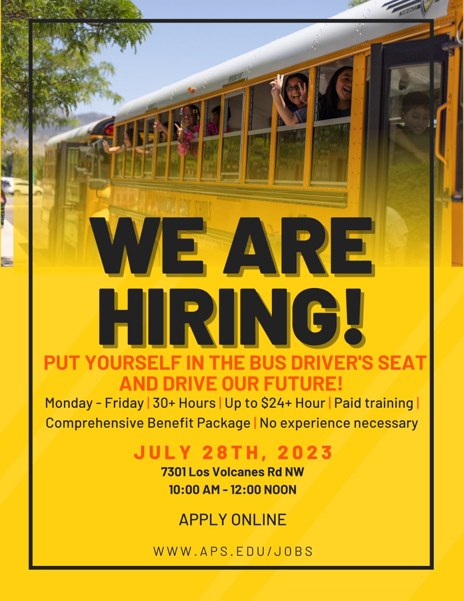 ApsRecruitment's tweet photo. Come drive our future to school @ABQschools!
Join us at our Transportation Job fair Friday, July 28th at the APS Westside Transportation Center (7301 Los Volcanes Rd NW) from 10 am - 12 noon.
#APSworks #BusDriverJobs @APSrecruitment https://t.co/dJRVh1nfYS