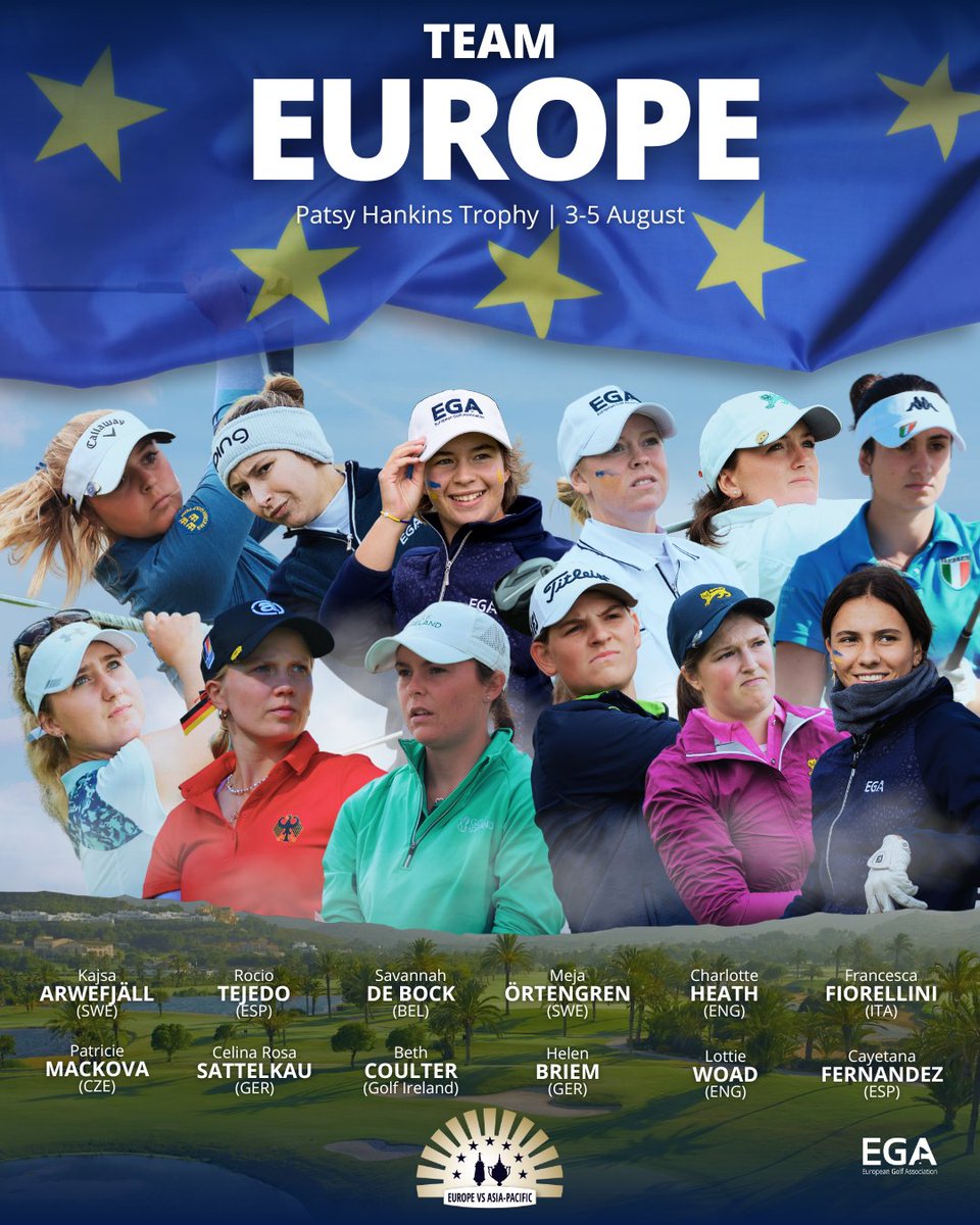 The 12-player European teams that will take on Asia-Pacific next week for the Bonallack and Patsy Hankins Trophies are now complete!

The three-day matches are set to take place at La Manga, Spain from 3 to 5 August 💪

Read more: ega-golf.ch/content/2023-b…