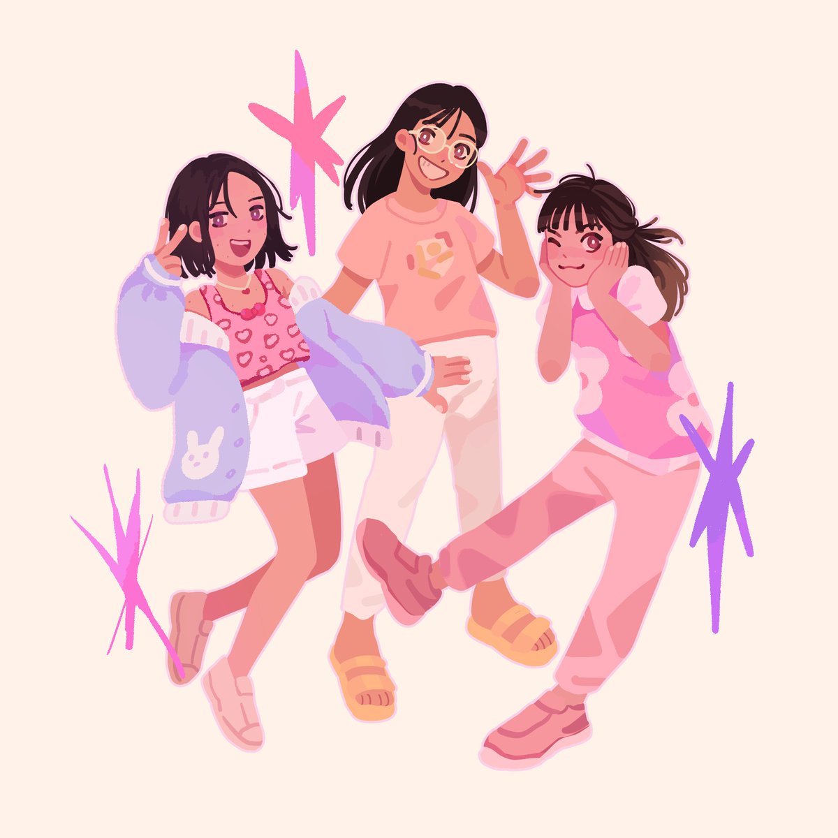 multiple girls 3girls pants pink shirt shirt smile black background  illustration images