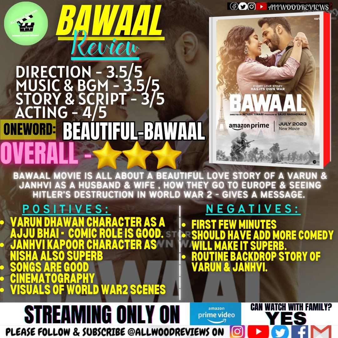 #BawaalReview: 3/5 ⭐'s
OneWord: BEAUTIFUL-BAWAAL..!

#BawaalOnPrime #VarunDhawan #JanhviKapoor #manojPahwa #AnjumanSaxena #NiteshTiwari #Bawaal #AmazonPrime #SajidNadiadwala #moviereview #allwoodreviews #review
