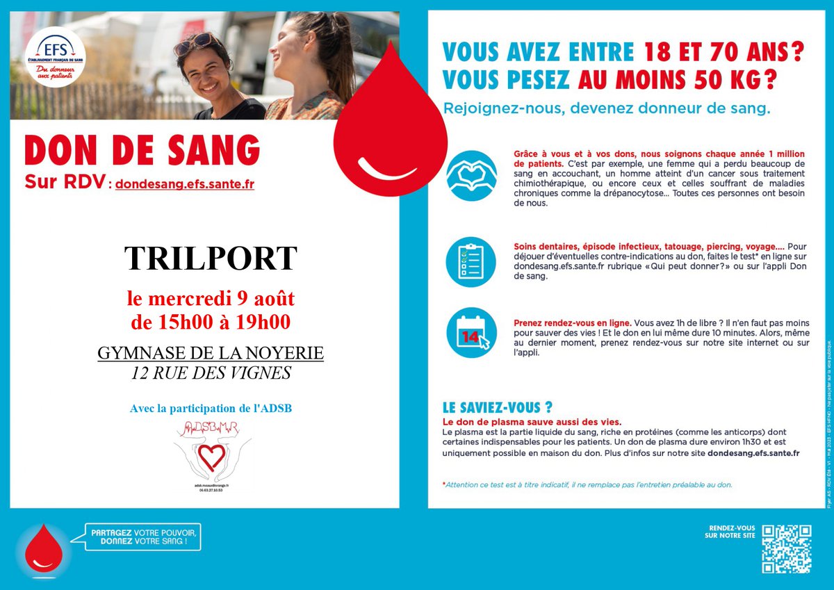 🩸❤️ Ne manquez pas notre "piqûre de rappel" pour le don du sang le 09/08 à Trilport. Prenez rendez-vous sur 👉 dondesang.efs.sante.fr/trouver-une-co…