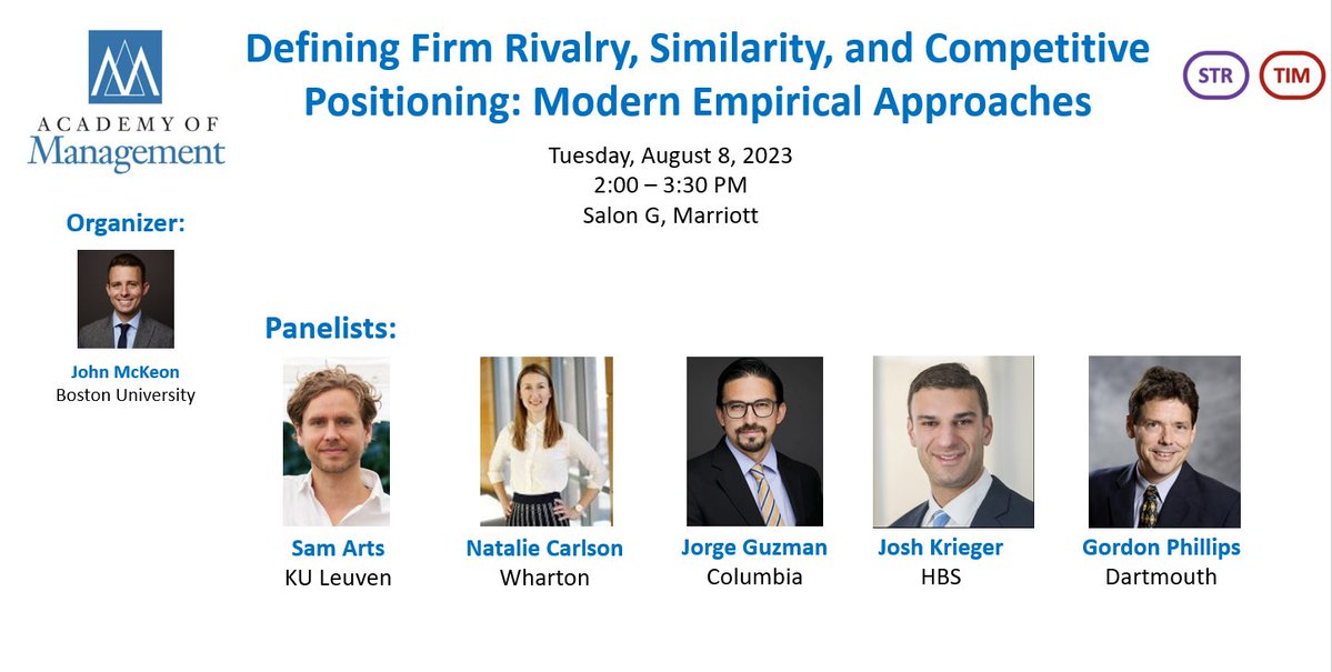 Join us for an exciting AOM panel "Defining Firm Rivalry, Similarity, and Competitive Positioning: Modern Empirical Approaches" discussing measurement, data, and settings feat. Sam Arts <a href="/NatalieACarlson/">Natalie A. Carlson</a> <a href="/JorgeGuzmanCBS/">Jorge Guzman</a> <a href="/JoshuaLKrieger/">Josh Krieger</a> &amp; Gordon Phillips
8/8 @ 2pm; Salon G Marriott
