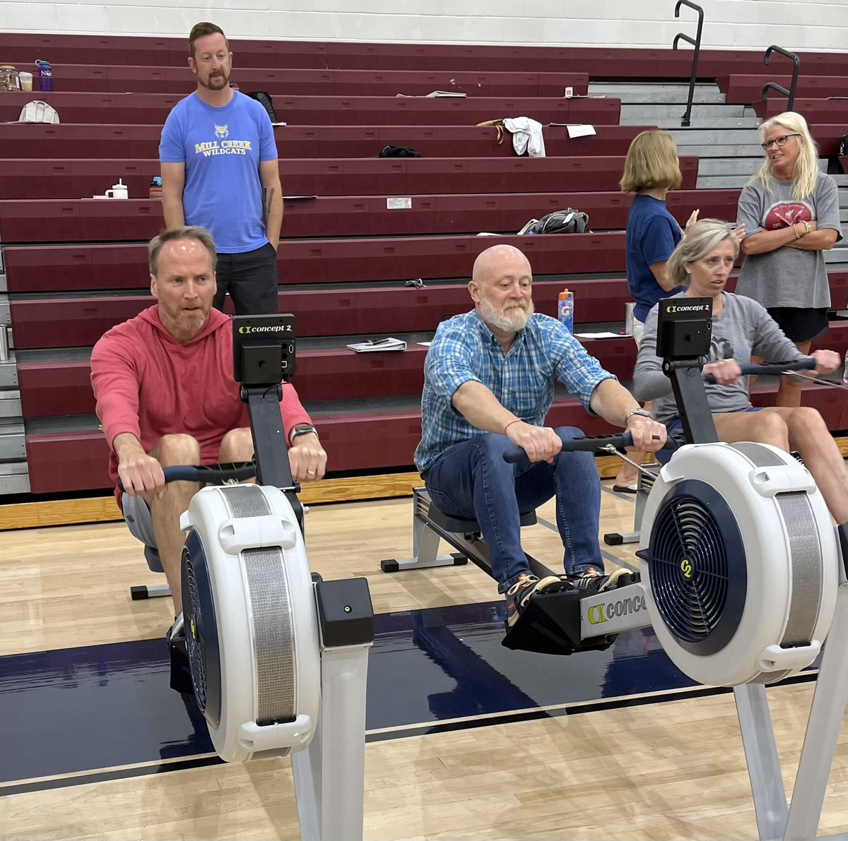 MCMSphysed's tweet photo. Cherokee County Middle School PE teachers are training on our new rowing machines.  We’re getting ready to instruct our students at the start of the year.  Even our Administrators got into the action. https://t.co/5AIsd5Kcht