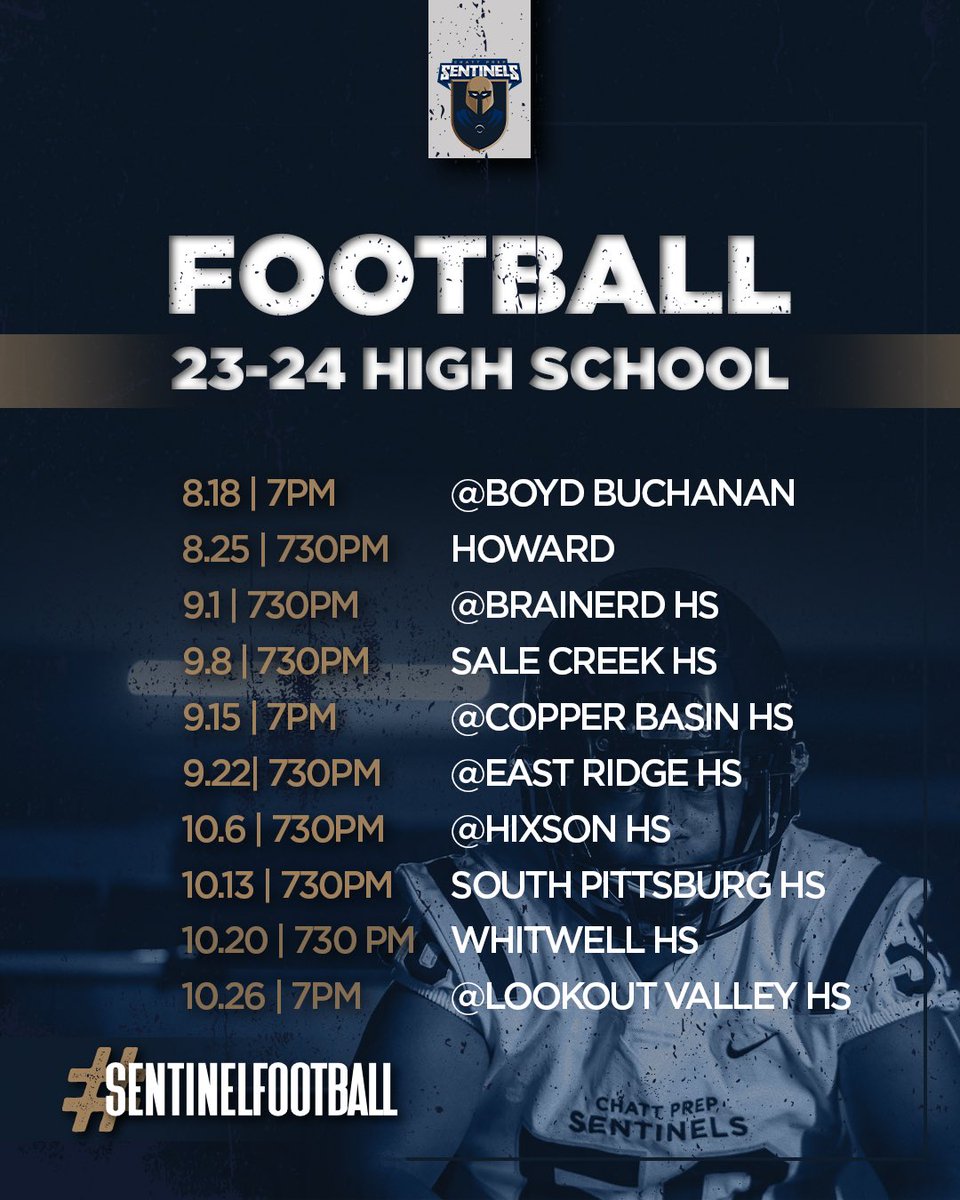PrepChattanooga's tweet photo. Ready for another huge season! Come out and support your high school and middle school #sentinelfootball programs!

* All high school home games will be played at Howard
* The 9/25 MS game v. Baylor will be played at Baylor. https://t.co/oGRssCwG7H