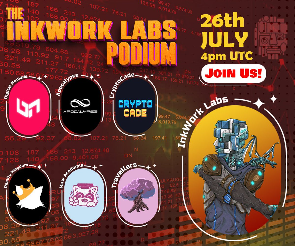 The Inkwork labs Podium Ep. 2💥

Host🎤: <a href="/InkworkLabs/">Inkwork Labs</a> 

Guest speakers🎙️: <a href="/MawAcademia/">Maw Academia</a> I <a href="/RealityKingdom_/">RealityKingdom</a> I <a href="/RealityKingdom_/">RealityKingdom</a> I <a href="/CryptocadeGG/">Cryptocade</a> I <a href="/0x_Apocalypse/">APOCALYPSΞ</a> I @TRAVELLERS_ln

Time ⏱️: 4pm UTC
Set your reminder:👇
x.com/i/spaces/1dRKZ…