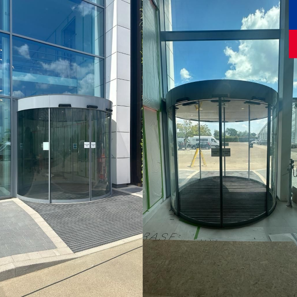 Our fully trained dormakaba engineers did a great job of installing a bespoke BST revolving door for this project. 

The automatic door system has curved fine frame profiles to create a solution with a full-glass appearance.