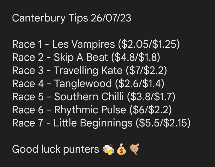 Canterbury Tips 26/07/23

Best of the day - Les Vampires
Next Best - Tanglewood
Value - Rhythmic Pulse