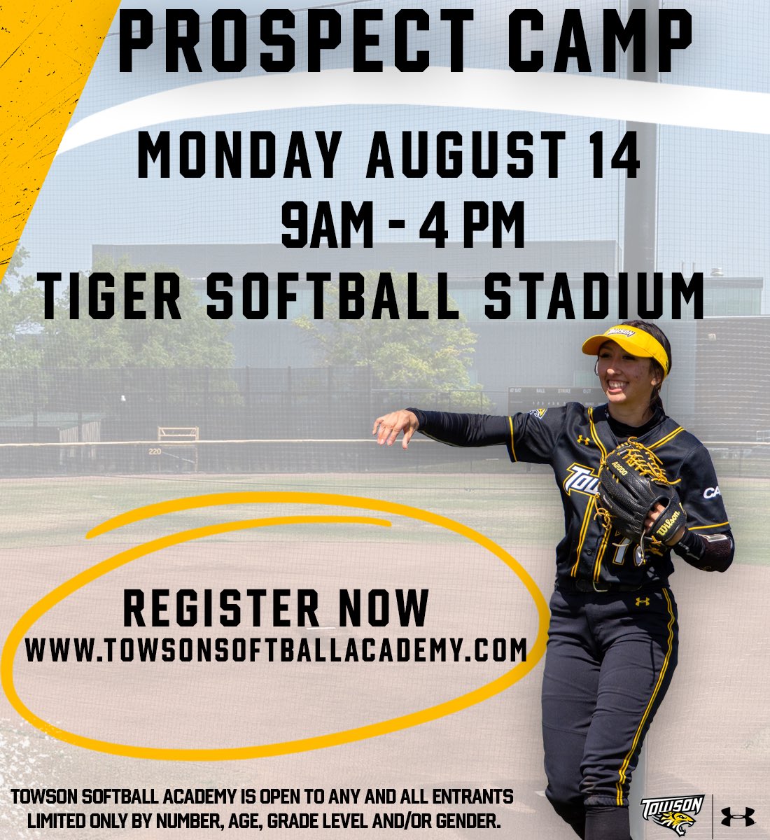 Elite Prospect Camp
Monday, August 14th
🐯9am-4pm🐯
Registration still open… TowsonSoftballAcademy.com
#towson #Sept1 #CAA