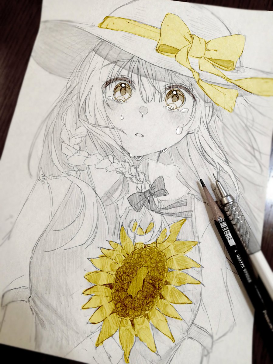 1girl sunflower flower hat solo braid tears  illustration images