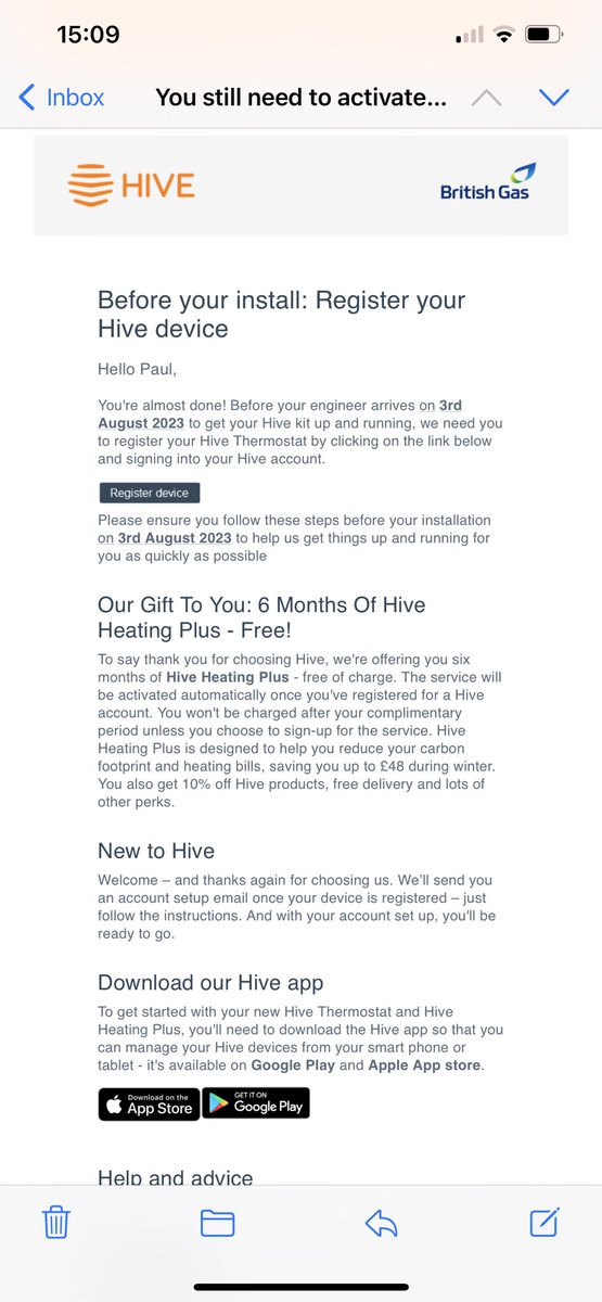 elyorluap's tweet photo. @HiveHelper I have 2 emails recently like this but have not been sent a hive to register so I can’t understand how I’m meant to register something that I don’t have. I am having a new boiler fitted by British Gas on the 3rd August with Hive if that helps my query? https://t.co/Zvf6G85tbp