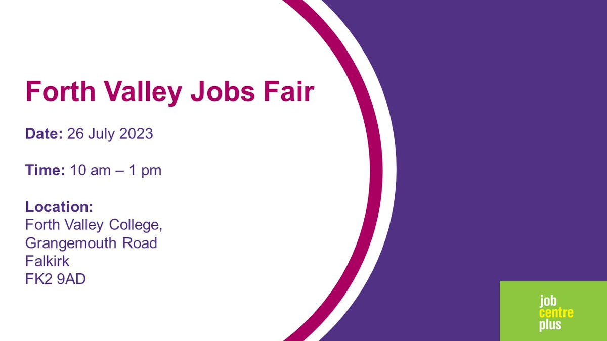 Join #ForthValley and their next Jobs Fair to speak with #Employers and #Providers on 26 July, from 10 am to 1 pm To attend, please speak to your Work Coach Providers attending include: @PrincesTrustSco @SmartWorksHQ @falkirkfcf #FalkirkJobs #StirlingJobs #ClackmannnshireJobs