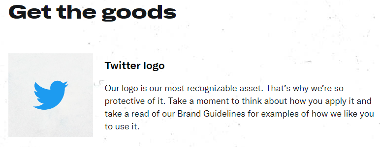 Mwyann's tweet photo. That's what you get when you rush your update. The "Brand toolkit" page for #twitter still shows the old #logo.  "Our logo is our most recognizable asset. That’s why we’re so protective of it." Not so true anymore, right? I wish it were though. #x #xfails https://t.co/1ItlkYwwU6 https://t.co/wNkWkdgMyk