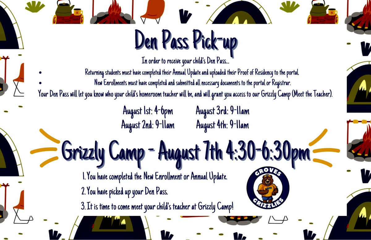 GE Den Pass pick-up & GRIZZLY CAMP (Meet the Teacher) information below. @Christy_Erb @HumbleISD @wheelerteaches #GEAnchored 💛🐻💙