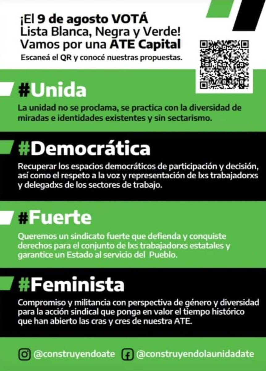 Este 9 de Agosto, votá por una ATE Capital #Unida #Democratica #Fuerte #Feminista
Votá lista blanca🤍 negra🖤 verde💚