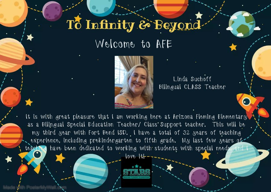 AFE_Stars's tweet photo. Ms. Suchoff, we welcome you to AFE!! We are so ready for you to embrace, enrich and encourage our STAR students while sharing your wealth of experience with us. It's going to be a BRIGHT year now that you're here!!! 💫
@PrincipalSYoung 
#BuiltToBeAStar https://t.co/W6AoEOT7kp