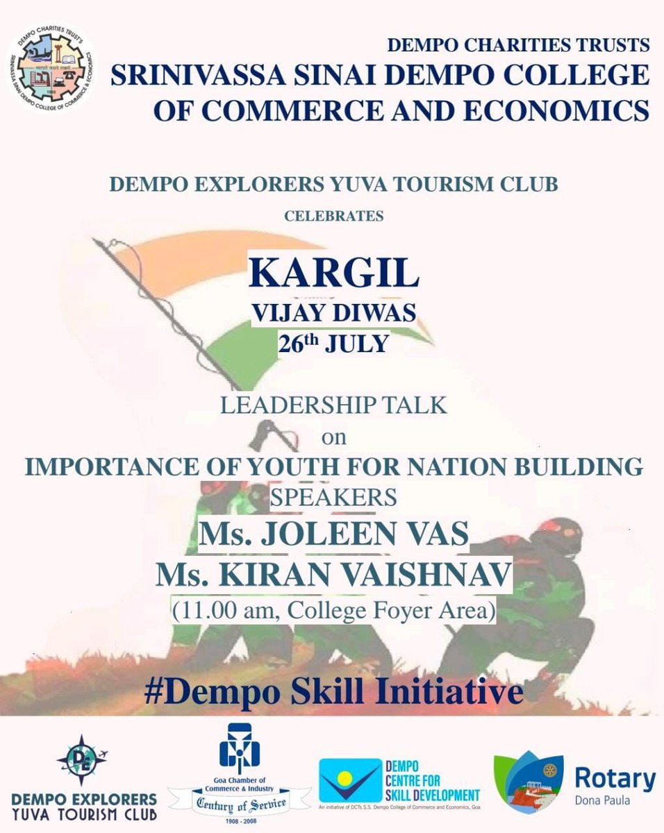 dempocollegegoa's tweet photo. Our #SkillingInitiative needs to be holistic !
#KargilVijayDiwas2023 will be celebrated by Dempo Explorers Yuva Tourism Club at @DempoOf with a focus on #Youth in #NationBuilding
Our #SkillMission is in association with #RotaryDonaPaula and @gccigoaindia https://t.co/rjrXQMT7ZQ