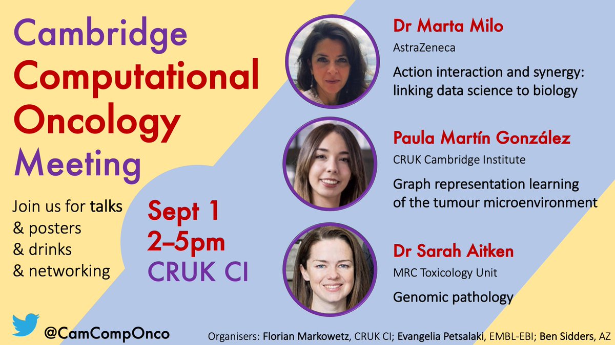Cambridge Computational Oncology (@camcomponco) on Twitter photo 🤖 Next Cambridge Comp Onco Meeting
🦾 Friday, September 1, 2-5pm
🦿 <a href="/CRUK_CI/">CRUK Cambridge Institute</a>
🎓 Speakers:
Marta Milo <a href="/marta_milo/">Marta Milo</a>
Paula Martin Gonzalez <a href="/paulittamg/">Paula</a>
Sarah Aitken <a href="/S_J_Aitken/">Sarah Aitken</a>
Join us for talks, posters, drinks and networking! 🤖 Next Cambridge Comp Onco Meeting
🦾 Friday, September 1, 2-5pm
🦿 <a href="/CRUK_CI/">CRUK Cambridge Institute</a>
🎓 Speakers:
Marta Milo <a href="/marta_milo/">Marta Milo</a>
Paula Martin Gonzalez <a href="/paulittamg/">Paula</a>
Sarah Aitken <a href="/S_J_Aitken/">Sarah Aitken</a>
Join us for talks, posters, drinks and networking!