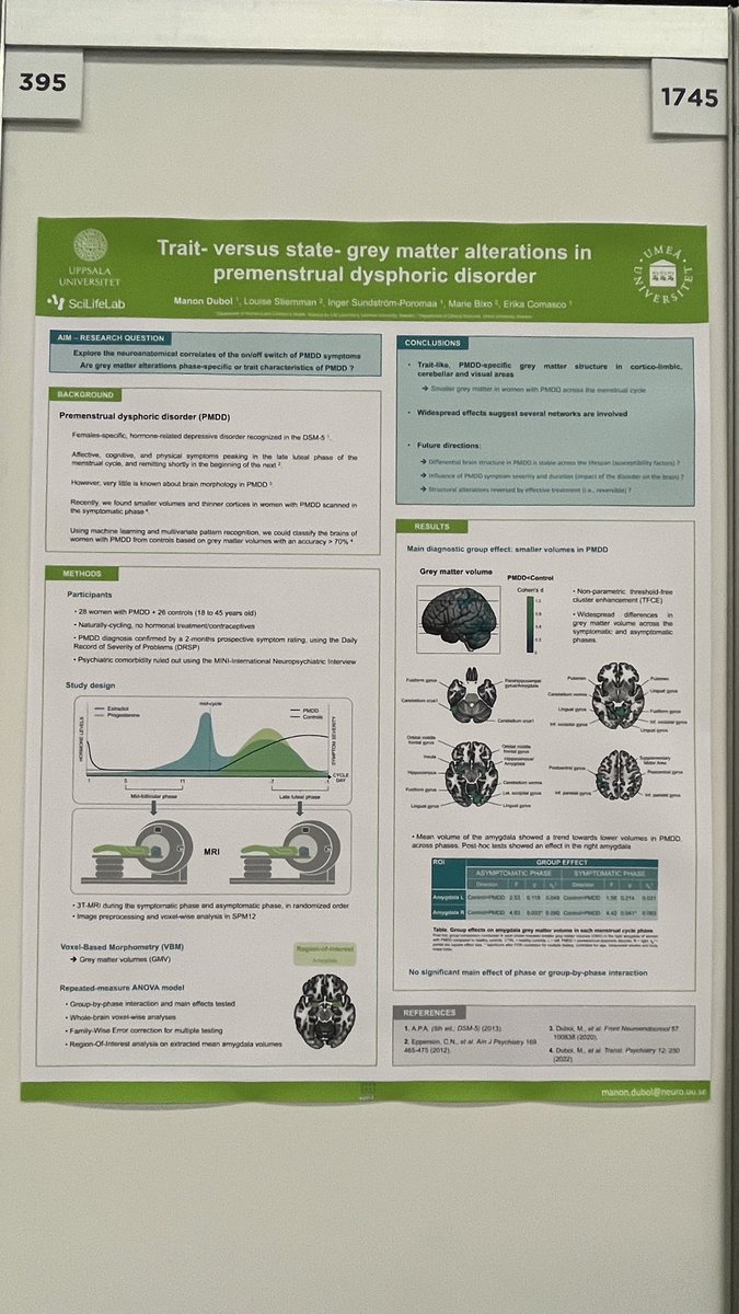 Excited for more premenstrual dysphoric disorder? Come by today and tomorrow by Manon's poster to find out more about the structural correlates of PMDD! poster number #1745
#OHBM2023 #Montréal