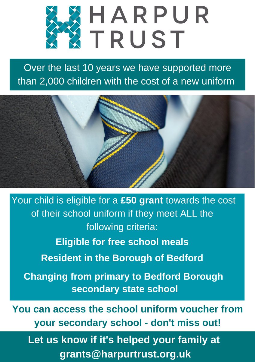 TheHarpurTrust's tweet photo. We're offering parents a £50 school uniform grant if your child is changing from primary to secondary school in Bedford Borough and is eligible for free school meals. You will need to access the voucher from the secondary school. https://t.co/U2OceFkjEe