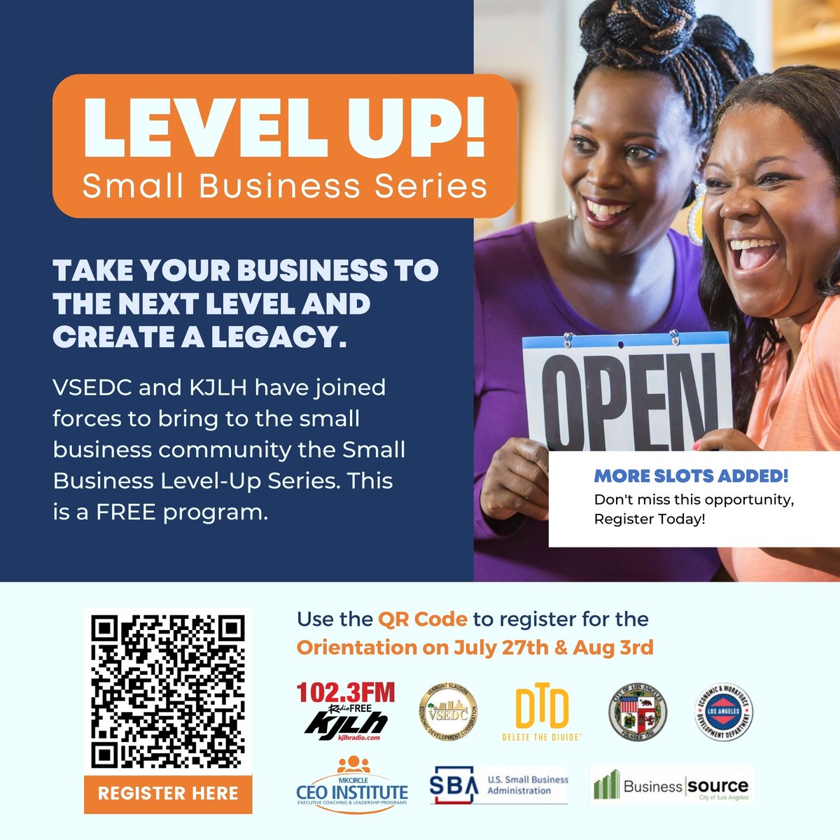 MkcircleCeo's tweet photo. Vermont Slauson Economic Development Center @VSEDC, KJLH Radio AM @radiofreekjlh &amp; MKCircle Enterprises, Inc. @mkcircleceo have joined forces to create the Level-Up Series!

Sign up TODAY for our Level Up Series! https://t.co/RGMMRq6bUE