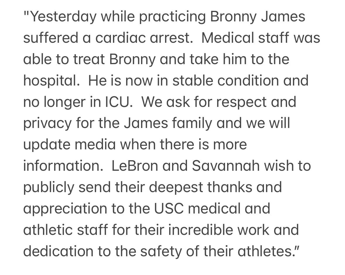 USC All-American Bronny James collapsed on the court Monday and had a cardiac arrest. He was taken to the hospital and is now in stable condition and no longer in the ICU. Statement: