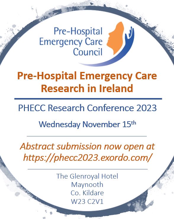 PHECC will host their inaugural Pre-Hospital Emergency Care Research in Ireland Conference on Wed 15th Nov in Glenroyal Hotel Maynooth, W23 C2V1. Abstract submissions are now open until 8th Sept. Submissions can be made here on Ex Ordo. queries can be emailed to research@phecc.ie