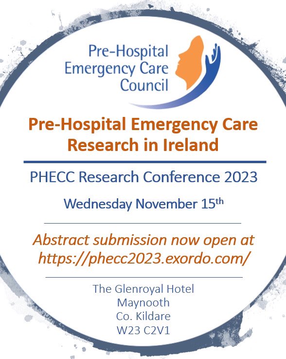 PHECC (@phecc) on Twitter photo PHECC will host their inaugural Pre-Hospital Emergency Care Research in Ireland Conference on Wed 15th Nov in Glenroyal Hotel Maynooth, W23 C2V1. Abstract submissions are now open until 8th Sept. Submissions can be made here on Ex Ordo. queries can be emailed to research@phecc.ie PHECC will host their inaugural Pre-Hospital Emergency Care Research in Ireland Conference on Wed 15th Nov in Glenroyal Hotel Maynooth, W23 C2V1. Abstract submissions are now open until 8th Sept. Submissions can be made here on Ex Ordo. queries can be emailed to research@phecc.ie