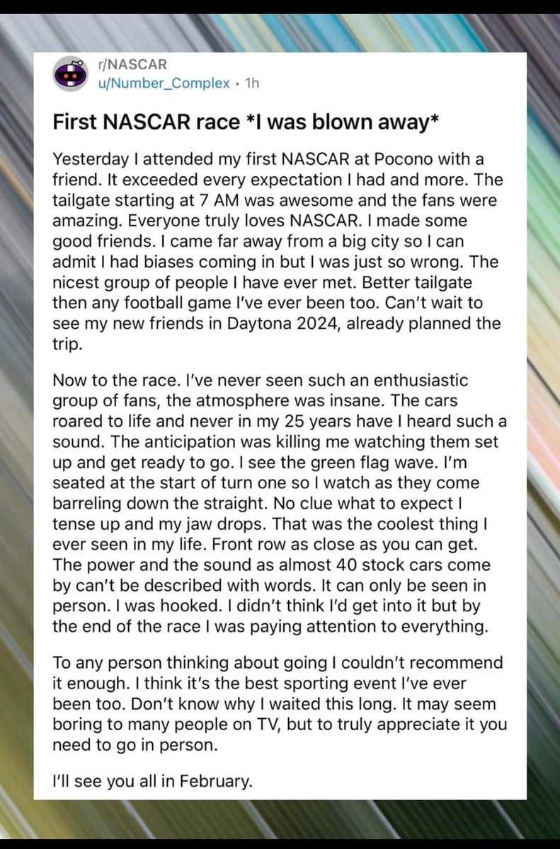 Dqbeck63's tweet photo. Love seeing these stories from new @NASCAR fans! I always tell people i know who make fun of or dont understand racing to just come with me 1 time and they will be hooked! https://t.co/WmUYjVzwFM