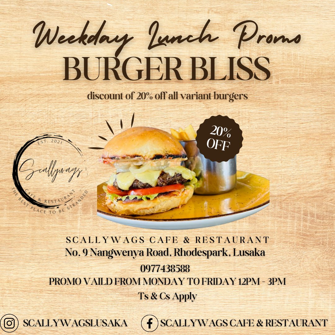 ScallywagsR's tweet photo. "🍔 Rise and shine, food lovers! 🚨 Here's the scoop to beat those weekday blues! 🎉 Our scrumptious burgers are 20% off from 12PM-3PM! Ditch that same old lunch routine and swing by Scallywags Cafe to jazz up your day. Don't miss out, your burger paradise awaits! 😉 #BurgerBliss https://t.co/1RXMLjZsEt