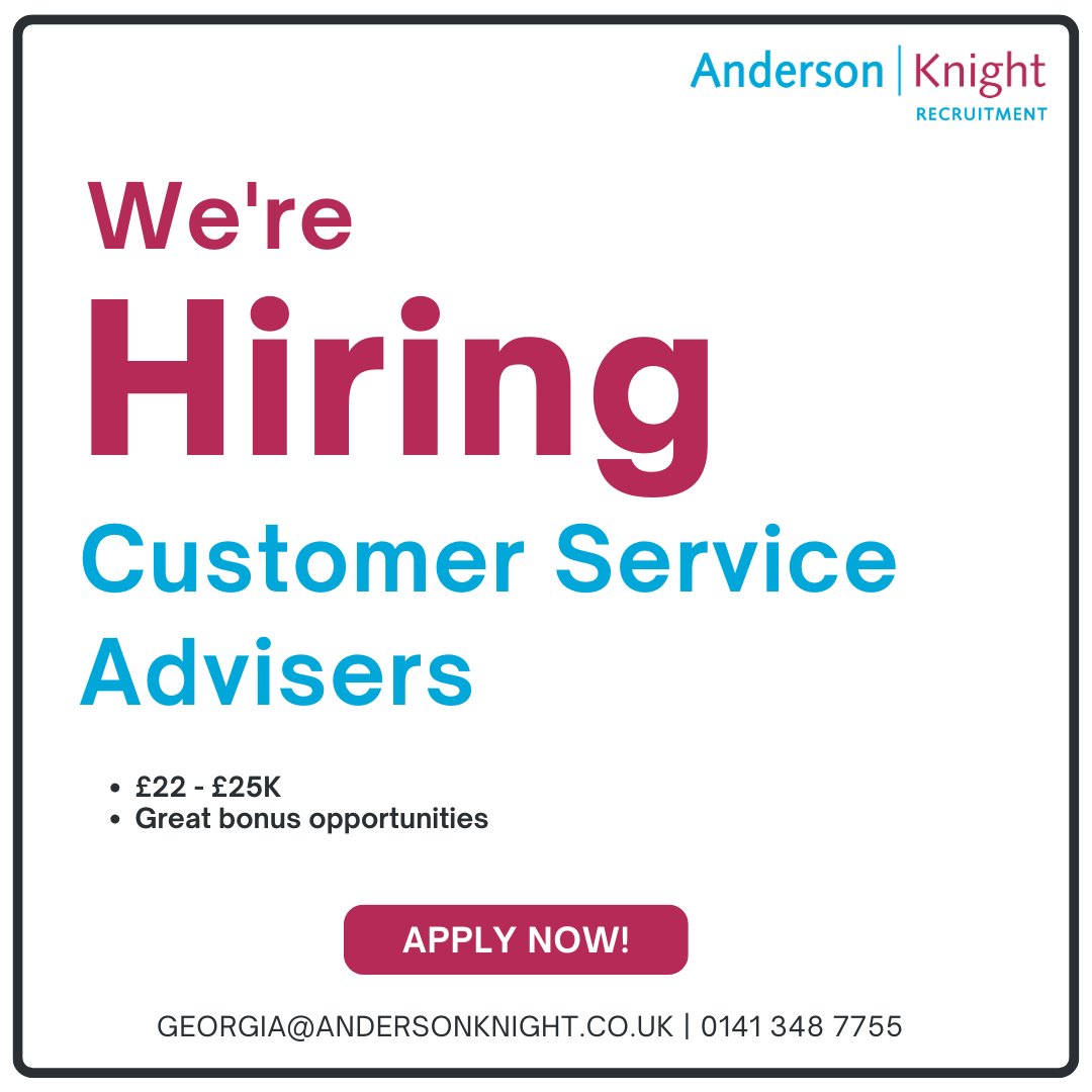 Andersonknight0's tweet photo. We are looking for Customer Service Advisors for one of our excellent clients based in Glasgow! If you are interested below apply today!

https://t.co/tEZbt0PbR1

#glasgowjobs #glasgowjobmarket #recruitment #Recruiting #officeservices #customerservicejobs #customerservice https://t.co/8Rp7ruJXP3