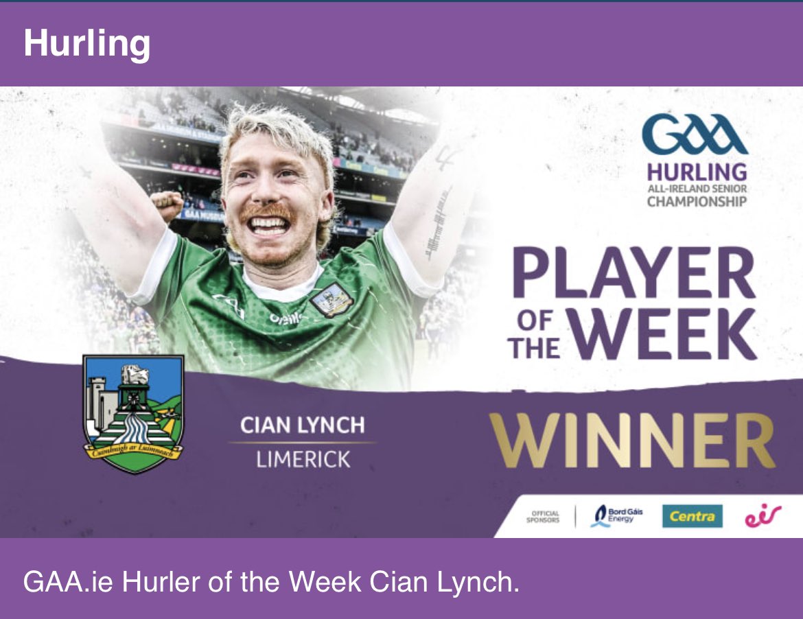 LimerickCLG's tweet image. Cian Lynch has been voted GAA.ie Hurler of the Week.
The Patrickswell clubman, who captained Limerick on Sunday received 4,369 votes on the GAA’s Official Instagram page which put him ahead of colleagues Peter Casey (3,926) &amp;amp; Diarmaid Byrnes (3,915).