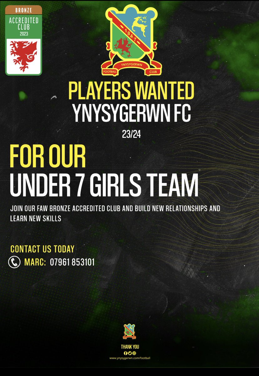 FcYnysygerwn's tweet photo. 🚨🚨MINI PLAYERS WANTED🚨🚨

Our Under 7 girls team and Under 11s require players. Anyone interested please contact Marc or Richard via their mobile numbers

💛💚💛💚 https://t.co/n4aifdUmdp