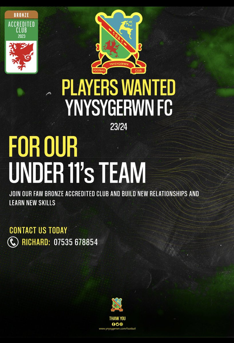 FcYnysygerwn's tweet photo. 🚨🚨MINI PLAYERS WANTED🚨🚨

Our Under 7 girls team and Under 11s require players. Anyone interested please contact Marc or Richard via their mobile numbers

💛💚💛💚 https://t.co/n4aifdUmdp