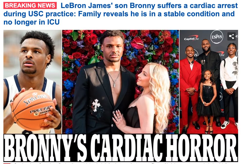 DiedSuddenly_'s tweet photo. 🚨LeBron James's son, Bronny, has suffered a cardiac arrest during a basketball workout, according to a report.

The son of the Lakers superstar was rushed to hospital after the incident happened during a USC workout, according to TMZ.

The 18-year-old is said to now be in stable condition and is no longer in the ICU.

Bronny, who recently committed to the Trojans, was taken by ambulance from USC's Galen Center, the venue where the school's basketball team plays and practices, after a 911 call reportedly was made at 9.26am Monday.

The incident is believed to have been a Code 3, which signifies the seriousness of the call as it requires ambulance lights and sirens.

'Yesterday while practicing Bronny James suffered a cardiac arrest,' a spokesperson for the James family told TMZ.

'Medical staff was able to treat Bronny and take him to the hospital. He is now in stable condition and no longer in ICU.

'We ask for respect and privacy for the James family and we will update media when there is more information.

'LeBron and Savannah wish to publicly send their deepest thanks and appreciation to the USC medical and athletic staff for their incredible work and dedication to the safety of their athletes.'