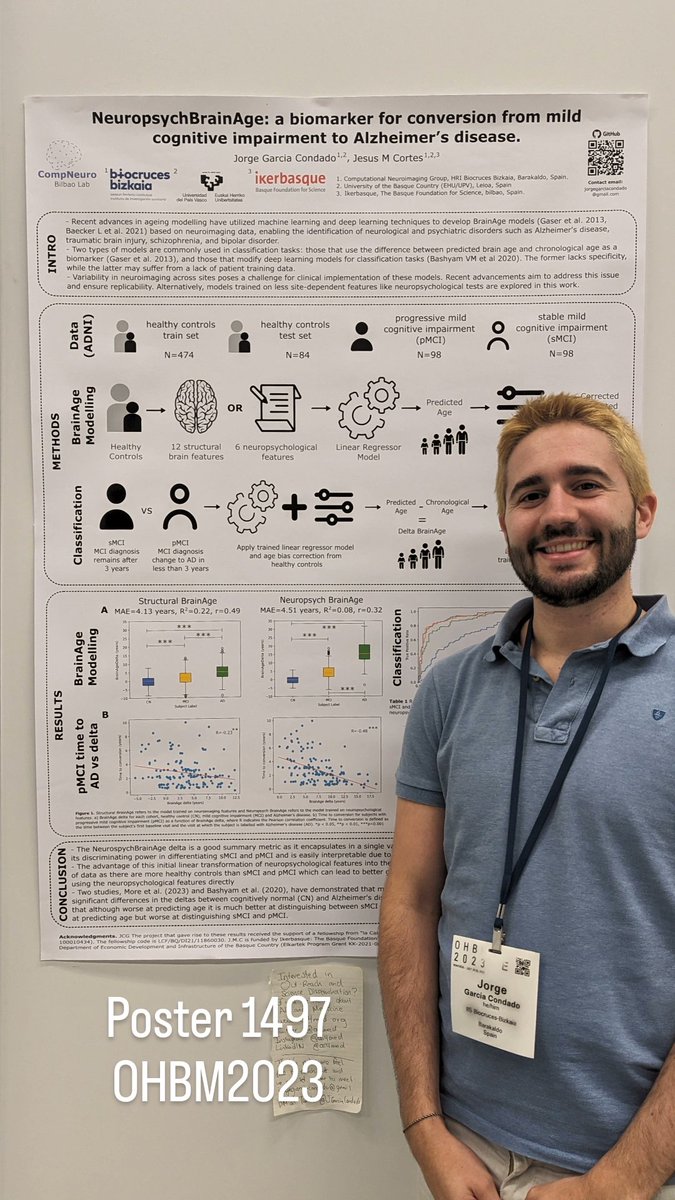 📢 Come today or tomorrow to see our #OHBM2023 poster (P-1497)!

🧠 In the poster, we present a BrainAge model based on neuropsychological tests capable of differentiating sMCI and pMCI in Alzheimer's disease.

 👋 Come say hi and learn about our work in this <a href="/OHBM/">OHBM</a>