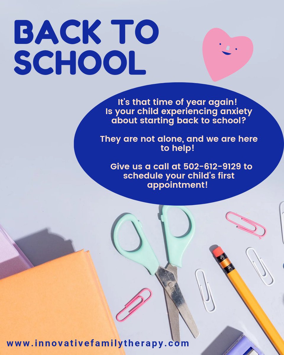 It's that time of year again! BACK TO SCHOOL! 

#innovativefamilytherapy #backtoschool #mentalhealthmatters #schoolanxiety #schoolstress #healthytransitions #childtherapy #louisvillekentuckycounselors #kentuckycounselors #teencounselor #healthykidshappykids #helpingkidssucceed