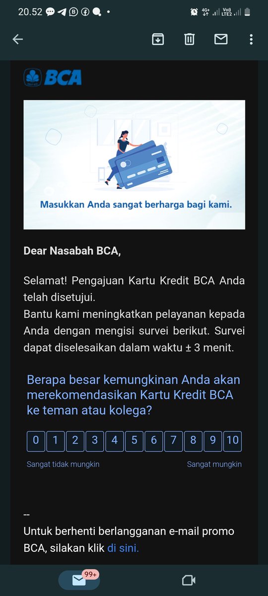 Adelvho's tweet photo. @HaloBCA halo admin ini saya kenapa dapat email pemberitahuan pengajuan kartu kredit saya di setujui ya?? Padahal saya sedang tidak mengajukan kartu kredit BCA. Dan ini email resmi dari survei@klikbca.com https://t.co/yE675GupDN