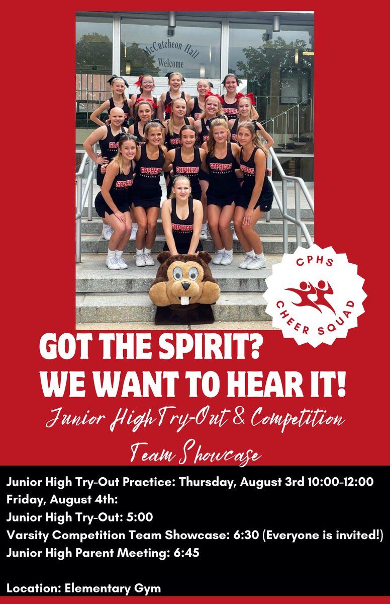 Important information regarding JH Cheer Try-Outs &amp; Varsity Competition Showcase! ❤️🖤🤍