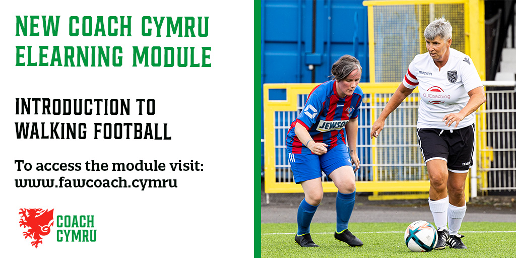 NEW eLearning module available on Coach Cymru+ - 'Introduction to walking Football'    

For access visit fawcoach.cymru &amp; click on the learning icon
