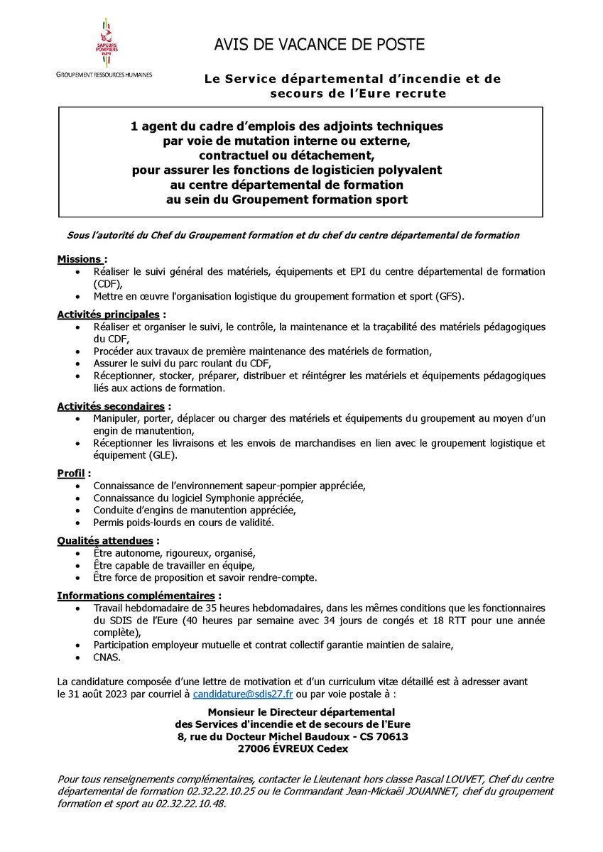 sdis27's tweet photo. #recrutement #UnjourUnjob On recherche la ou le futur #logisticien au centre départemental de formation
Intégrez une équipe dynamique et chaque jour sera une nouvelle aventure au sein des #sapeurspompiers de l' #Eure #PATS
Plus d'infos 👇👇 https://t.co/auAI40ofJW